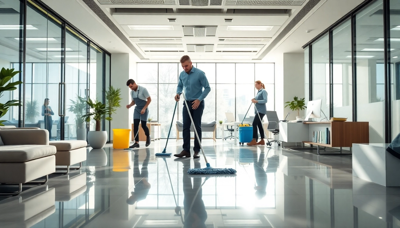 Showcasing office cleaning services Melbourne with a professional cleaning team in action within a sleek office environment.