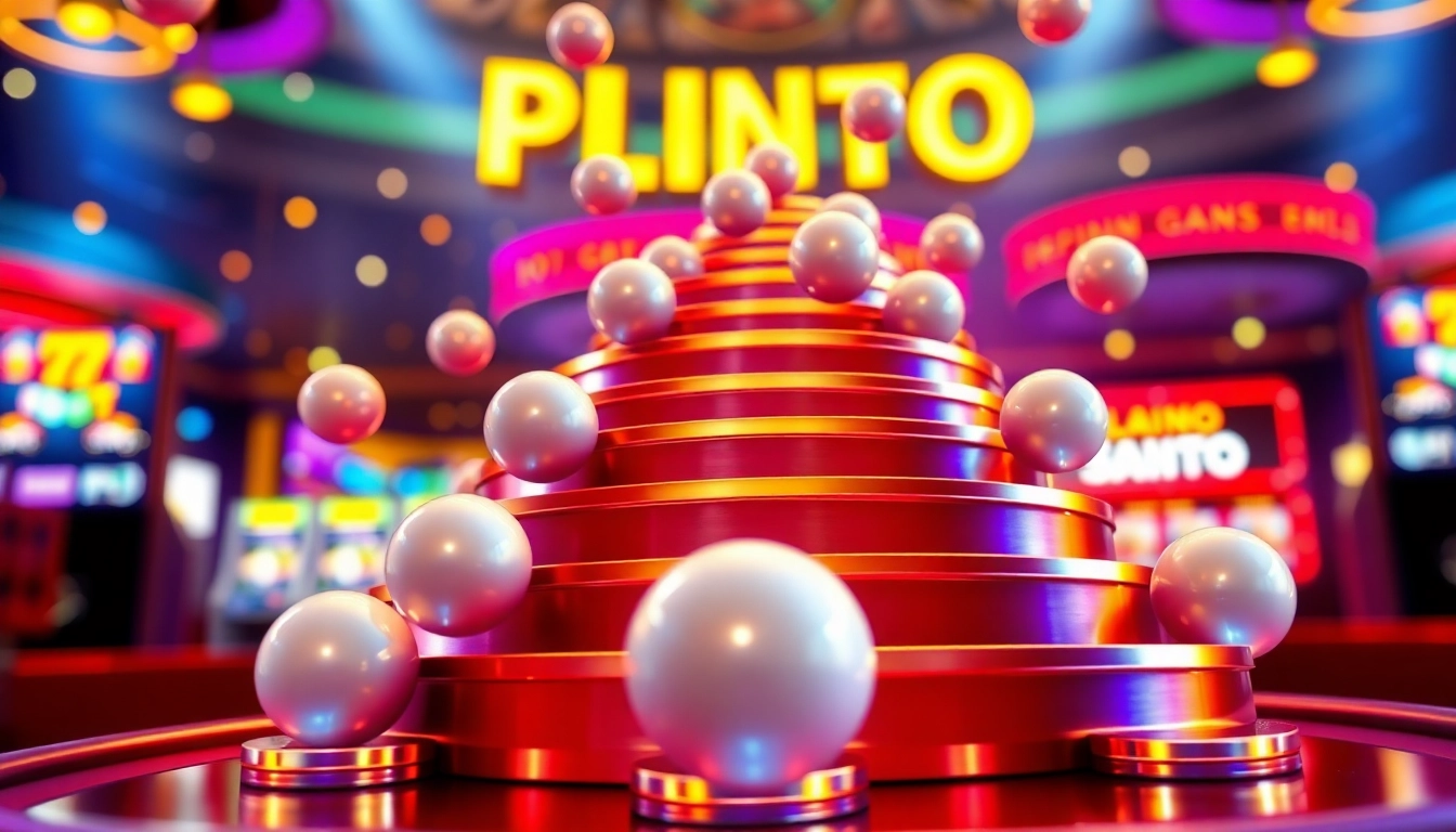Permainan Plinko slot yang menarik dengan bola yang jatuh dari piramida dalam suasana kasino yang meriah.