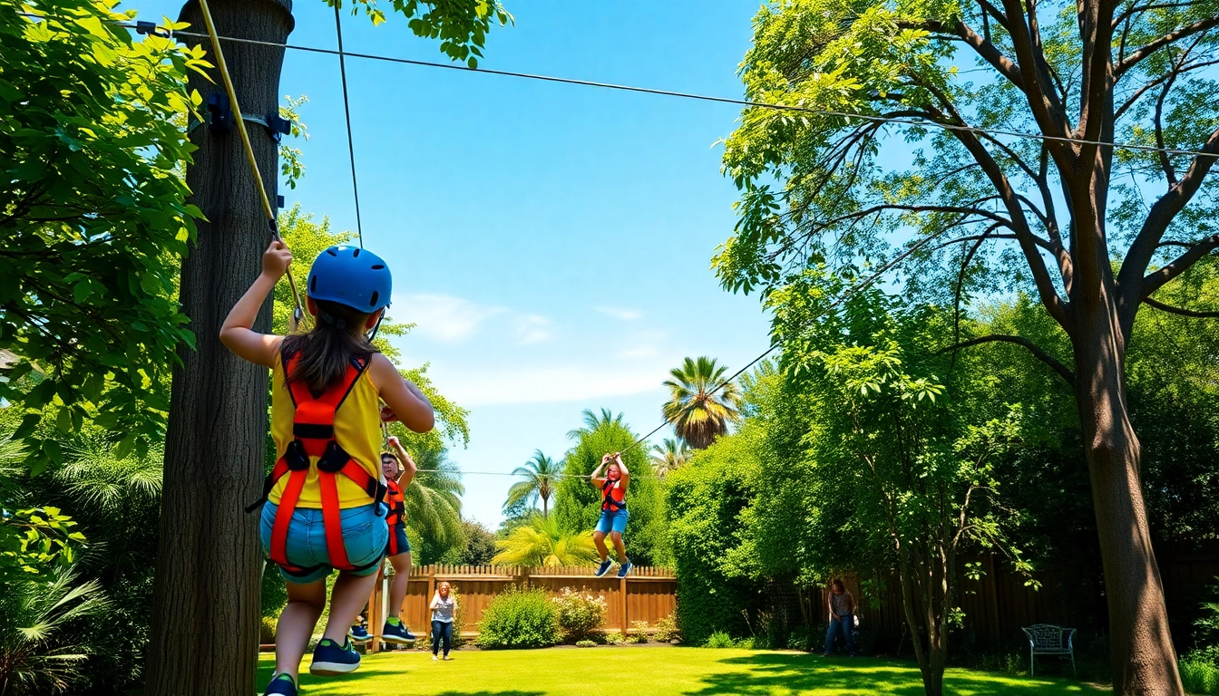 Children enjoying the GARDEN ZIP WIRE KIT in a vibrant backyard with safety harnesses.