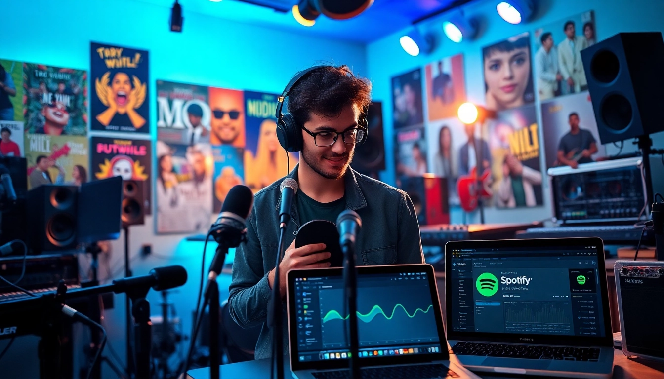 Musician recording in studio while focusing on spotify promotion through vibrant tools.
