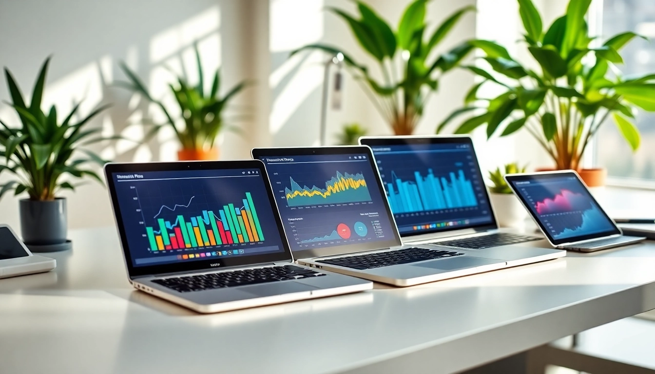 Engaging setup demonstrating social media and blog automation tools with devices showcasing vibrant analytics.