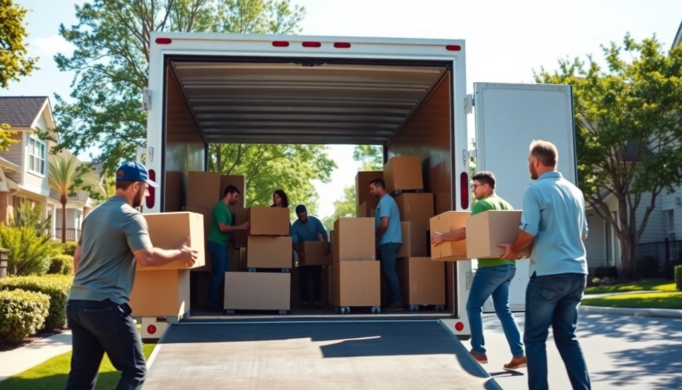 Engaged moving team from https://bennettsmoving.com/ packing a truck in a sunny suburban setting.