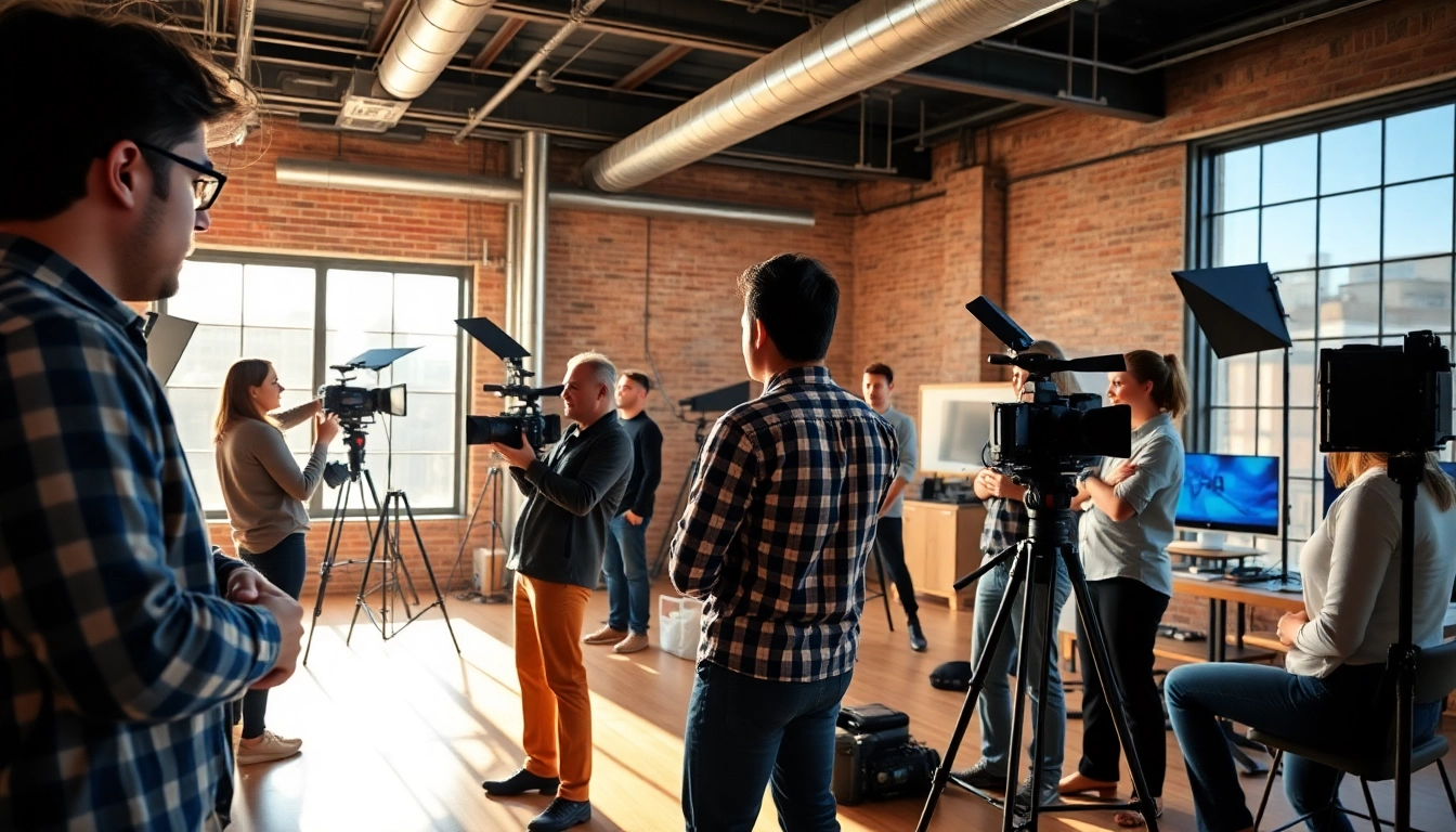 Engaged professionals demonstrating collaboration in an edmonton production companies studio