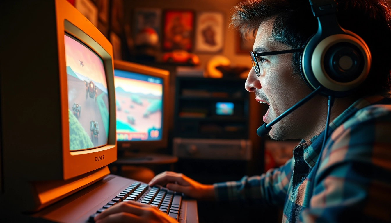 Dune 2 download game captivating vintage gameplay with an enthusiastic player at a retro computer.