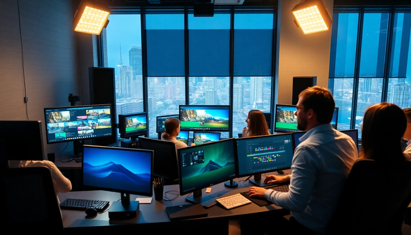 Editing & Post-Production workspace showcasing vibrant screens and dynamic collaboration in a video studio