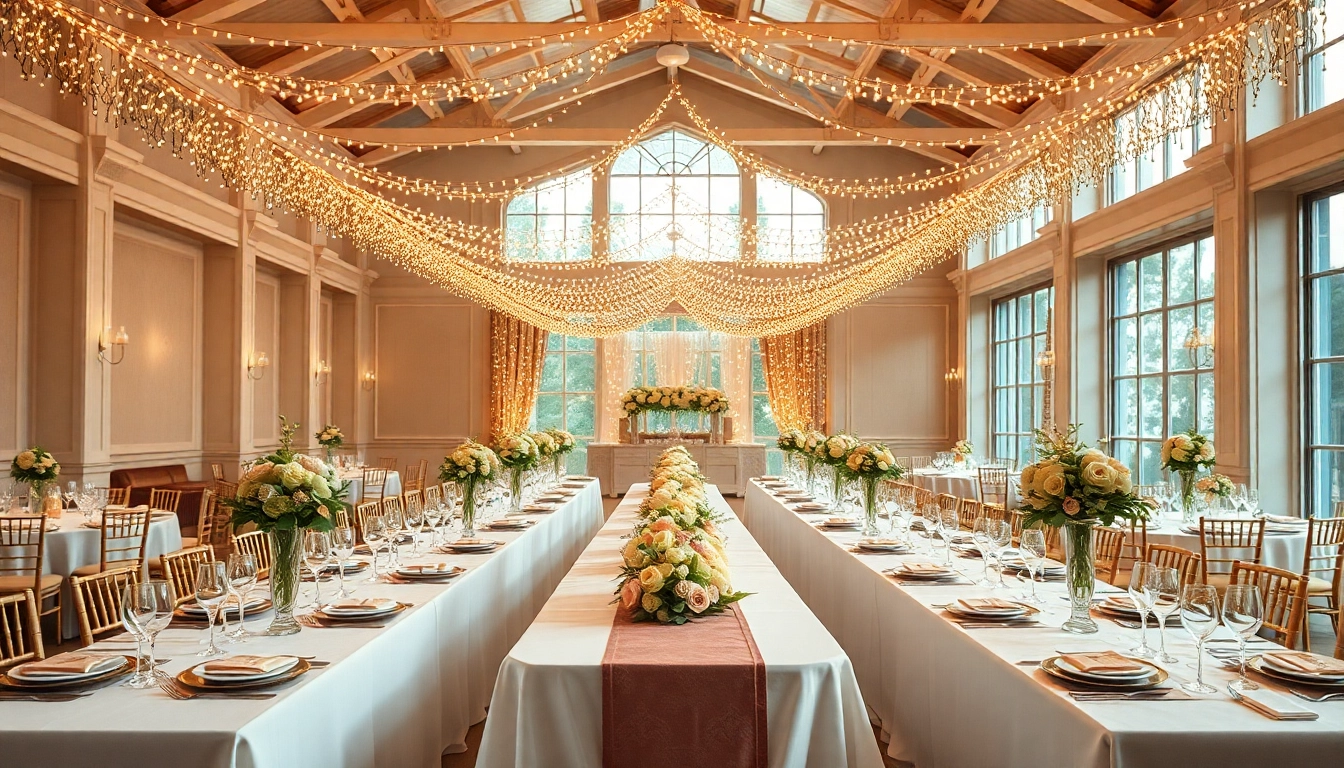 Stylish event space for a wedding reception with floral decor and warm lighting.