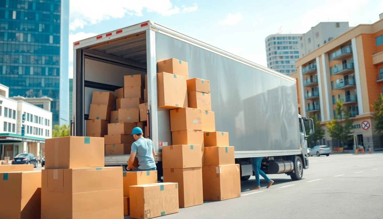 Efficient team of cheap movers organizing a truck with boxes in a bright urban setting.