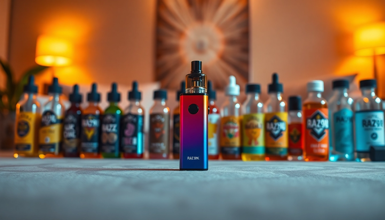 Showcasing the sleek RAZ 9K disposable vape device with colorful e-liquid options.