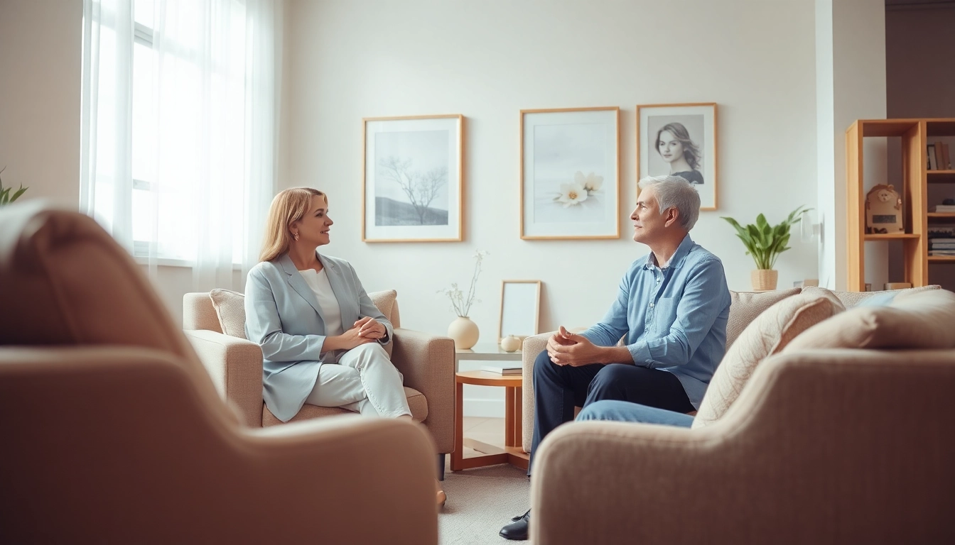 Engaging counselling session illustrating a supportive therapist in a tranquil office.