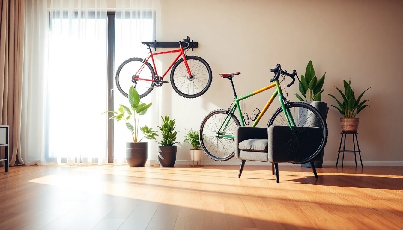 Showcasing a Stylish bike rack holding a colorful bike in a modern living room environment.