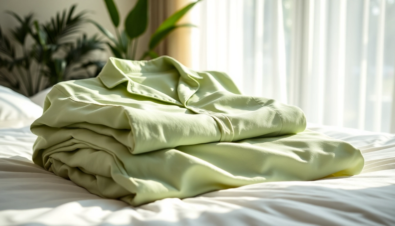 Showcasing bamboo pajamas on a serene bedroom setting with natural light, inviting comfort and style.
