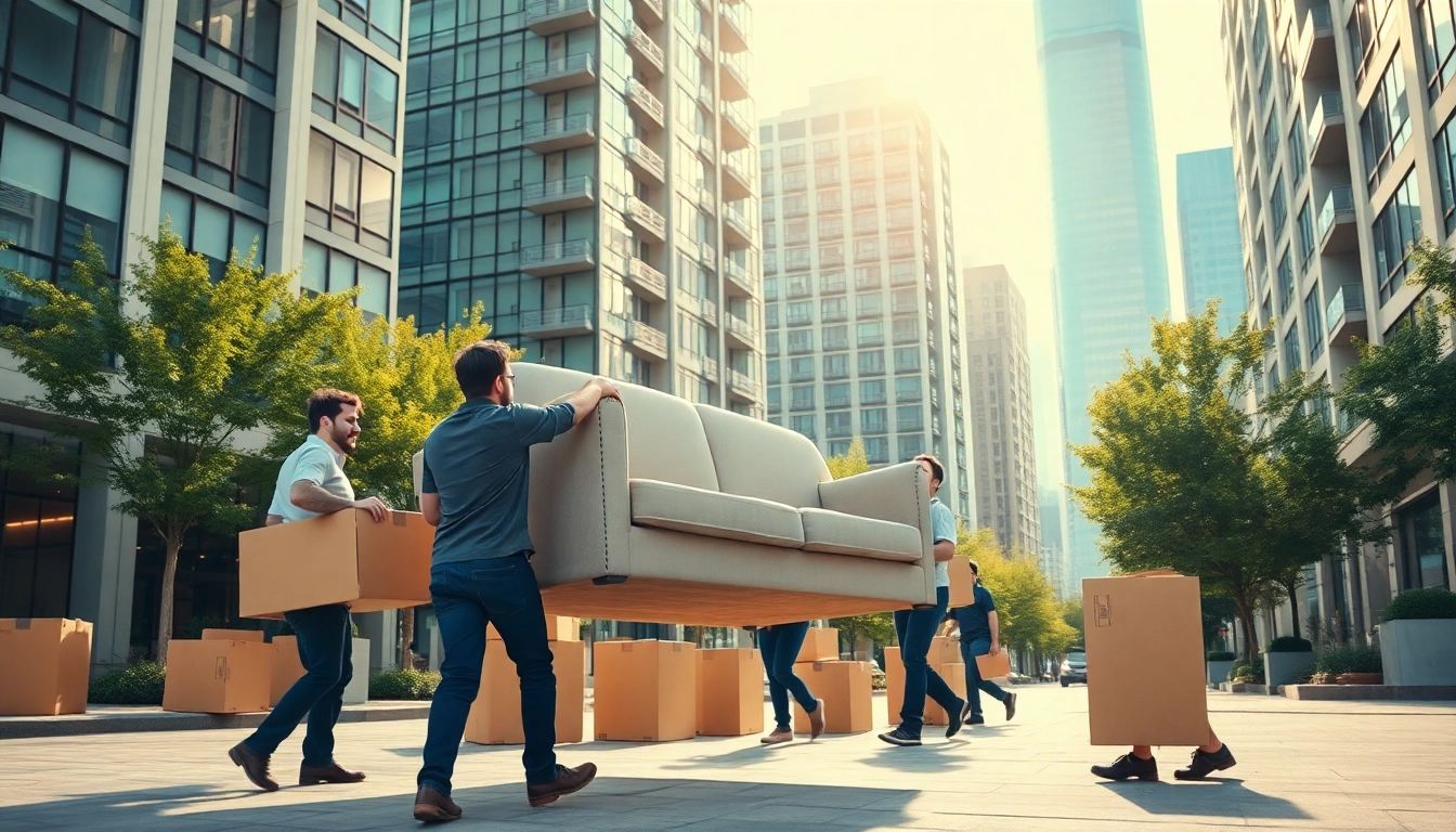 Efficient Toronto moving companies professionals handling a large couch in an urban setting.