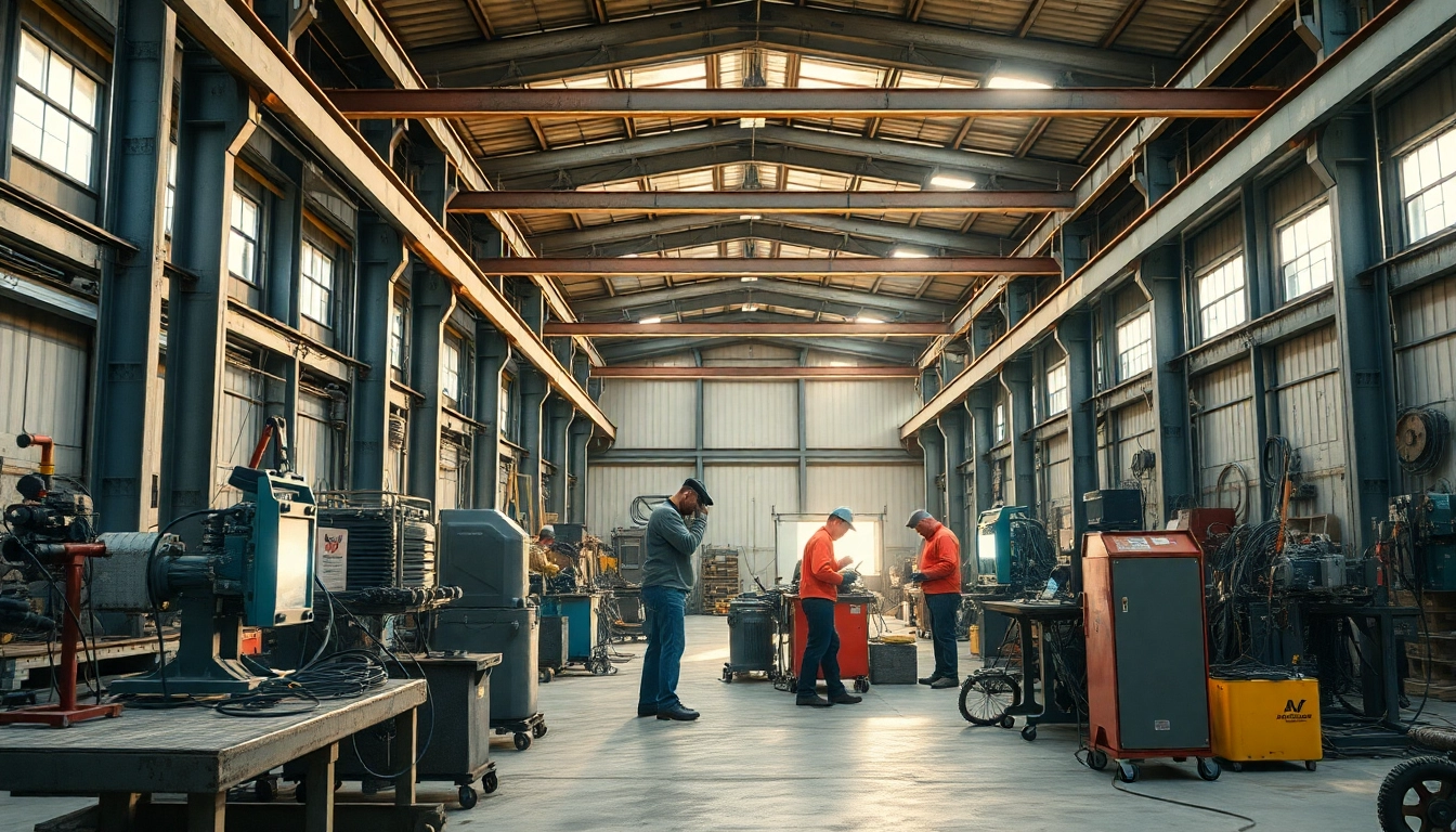 Steel fabricators near me working diligently in a bright workshop filled with tools and materials.